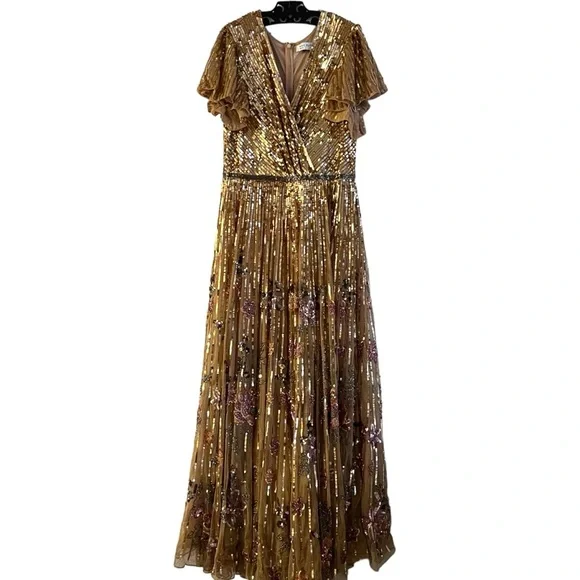 Mac Duggal Floral Sequins Flounce Sleeve V Neck Gown Copper 5637 NWT - Picture 4 of 9